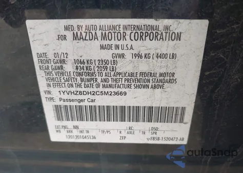 2012 Mazda Mazda6 I Touring from USA, damaged, VIN 1YVHZ8DH2C5M23669